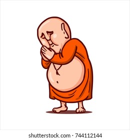 Drawn cartoon funny character - monk in orange robe. Clipart for sticker or print. Fat bald Buddha with folded hands freeze in a praying pose.