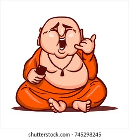 Drawn cartoon funny character - monk in orange robe. Clipart for sticker or print. Fat bald Buddha sits on floor, laugs, holds smartphone and shows shaka gesture - call me back.