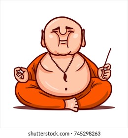 Drawn cartoon funny character - monk in orange robe. Clipart for sticker or print. Fat bald Buddha sits in lotus position, meditates with closed eyes and holds aroma stick in hand.