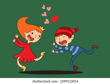 Drawn cartoon lovers girl and boy play catch-up. The girl runs away and screams. The boy tries to catch her. There are many hearts above them. Vector illustration