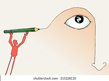a drawn cartoon man draws a face with a pencil/drawing an eye/digital vector 
