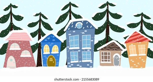 Drawn cartoon multi-colored houses with windows and Christmas trees in winter under the snow. Vector image