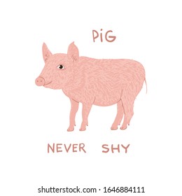 Ziehendes Cartoon Schwein mit Text Pig nie schüchtern. Childischer T-Shirt-Druck.