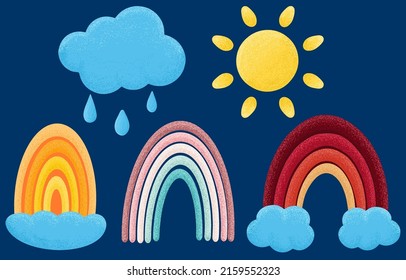 Drawn cartoon rainbows on the clouds, cloud with raindrops and sun on a blue background vector image. Picture for children