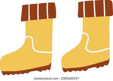 Drawn cartoon rubber boots. Shoe vector clip art. Cute childish symbol, hand drawn icon of yellow boots for product design in themes: weather, seasons, childhood, gardening, hiking, fishing, camping.