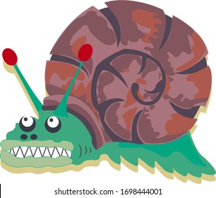 Drawn cartoon scary snail monster. Full color vector illustration for fun design.
