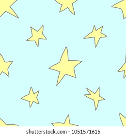 Drawn Cartoon Simple Crazy Quirky Stars Made In Kid Childish Style On Blue Background. Vector Seamless Pattern.