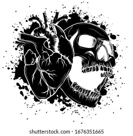 drawn cartoon skull with hearts, love skull head