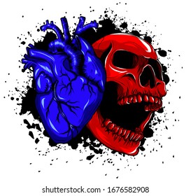 drawn cartoon skull with hearts, love skull head