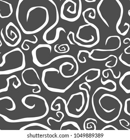 Drawn cartoon strange fairy twisted white ornament on black background. curly lines curves. Abstract wallpaper. Vector seamless pattern.