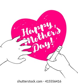 Drawn in cartoon style postcard with childrens handprints and a heart. Happy mothers day