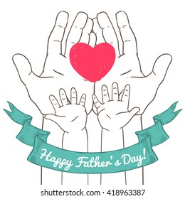 Drawn in cartoon style postcard with childrens handprints and a heart. Happy fathers day