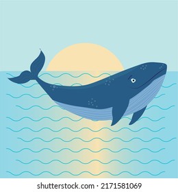 Drawn cartoon whale, bright and beautiful against the background of sunrise, fantastic and abstract vector illustration