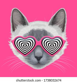 Drawn Cat Face With Trendy Stylish Fashionable Eyeglasses Shaped Like Hearts, With Hypnosis Line Instead Of Glasses. Beauty And Fashion Concept