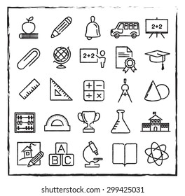Drawn with chalk styled vector thin line school, education and science icons set for web design and infographics