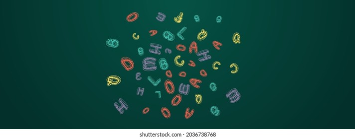 Drawn Chalkboard Vector Panoramic Background. Chalk Drawing Frame. Stylized Alphabet Blackboard Art. Artwork Pattern.