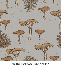 Drawn chanterelles and cones. Dark pastel colors, exquisite color scheme. Line drawing, engraving. Mushrooms in the forest. Ingredient for autumn soup. Background design, textured seamless pattern.