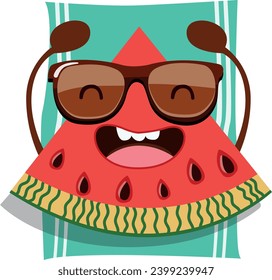 The drawn character is a contented and happy slice of watermelon that is sunbathing in the sun.