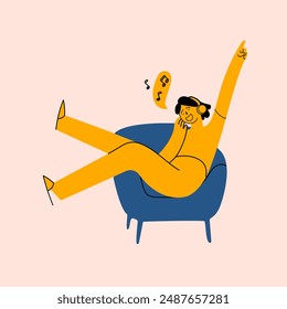 Drawn character in yellow colors sitting in armchair and cheerfully listening to music in headphones. Relaxing vibes at home. Creative vector illustration. Relaxation, positive emotions. Hand drawn