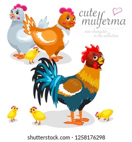 Drawn characters chickens, rooster and chickens. Cute cartoon farm, a new character in the collection