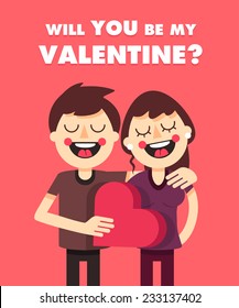 Drawn characters couple in love, holding a heart-shaped box. Vector illustration in a flat style. Ideal to use as a greeting card for Valentine's Day.