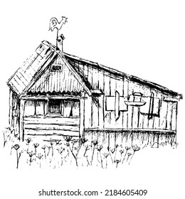 Drawn Chicken Coop From Boards In The Garden, Chicken Coop Drawn With Liners, Wooden Chicken Coop With A Weather Vane, Chicken Barn Drawn With Liner