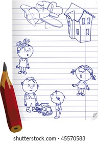 Drawn children and a pencil