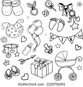 Drawn children's doodle. Baby stuff in vector. Set of elements for decor. Clip art. Child's birthday. New life. Socks. Pacifier. Rattle.