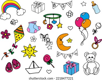 Drawn children's items. Birth of a child. Birthday. Children's holiday. Child. Toys. Milk bottle. Rattle.