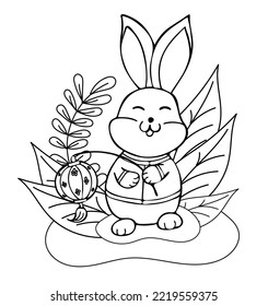 Drawn Chinese New Year rabbit with lantern in his hand on background of leaves. design element for  traditional New Year. Doodles, animation, graphic illustration.