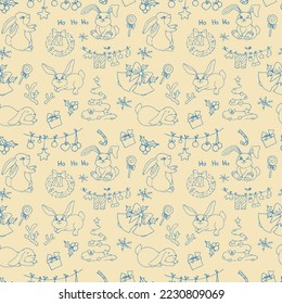 Drawn Christmas seamless pattern with bunnies. Snowflakes. Rabbits. Christmas. New Year. Chinese New Year. Symbol of the year. Winter print.