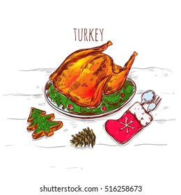 Drawn christmas sketch image of grilled turkey on plate with flatware in mitten and decorative accessories vector illustration
