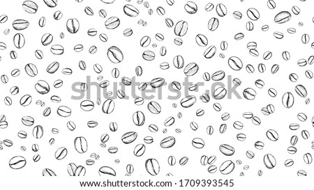 Drawn coffee bean seamless  background. Pattern with falling coffee beans. Food doodle  sketch backdrop