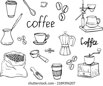 Drawn coffee doodle. Caffeine. Cafe. Morning. Ritual. Coffee. Cup. A cup. Turk. Coffee beans. Bag. Scoop.