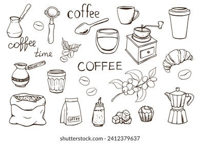 Dibuja un doodle de café. Cafeína. Café. Buenos días. Ritual. Café. Copa. Una taza. Turco. Granos de café. Bolsa. Coop.	