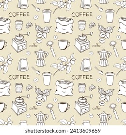 Drawn coffee doodle. Caffeine. Cafe. Morning. Ritual. Coffee. Cup. A cup. Turk. Coffee beans. Bag. Scoop.	Pattern.