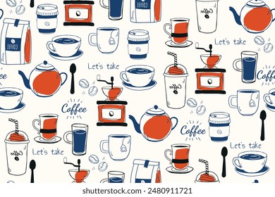 Drawn coffee pattern. Stylish and seamless vector pattern with coffee and tea bags.