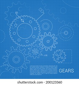 Drawn cogwheel gears mechanisms on squared background poster vector illustration