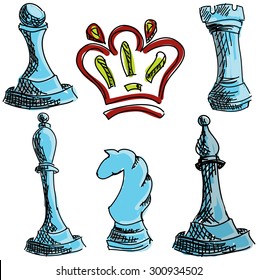 Drawn colored chess on white background, close-up view. Vector illustration