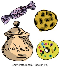 Drawn colored cookies on white background, close-up view. Vector illustration