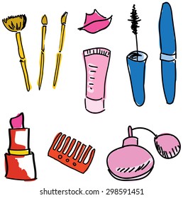 Drawn colored cosmetics on isolated white background. Vector illustration
