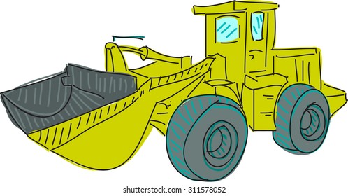 Drawn colored excavator on white. Vector illustration
