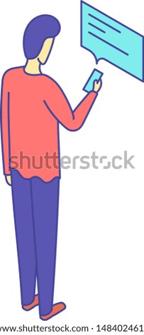 Drawn colored illustration of a man standing, recieving and reading a message on the smartphone