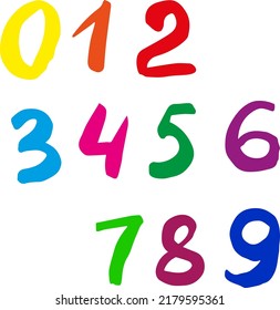 Drawn colored numbers in vector format. From 0 to 9. Numerology. Maths. Children's education. Number. Set of signs and symbols. Children's mathematics.