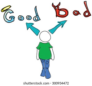 Drawn colored person with words good and bad on white background. Vector illustration