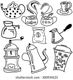 Drawn colored picture with coffee and tea stuff on white background. Vector illustration