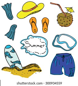 Drawn colored picture with summer stuff on white background. Vector illustration