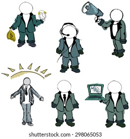 Drawn colored puppet people in different postures on isolated white background. Vector illustration