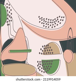 Drawn colorful abstract shapes. Doodle floral objects, petals lines, dots. Modern trendy spring pattern background. Print, banner, magazine, poster, vector illustration Pink green beige pastel colors