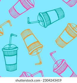 drawn colorful cups pattern on blue background